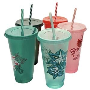Starbucks Holiday Glitter Reusable Cold Cups 5 Pack 24oz with Lids and Straws